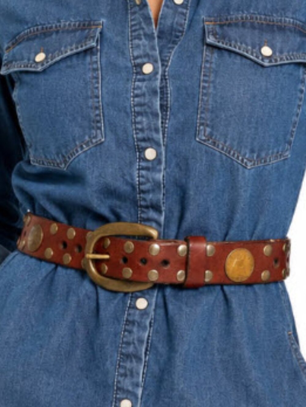 Gold Brass Studded Burgundy Leather Belt Vintage Patina